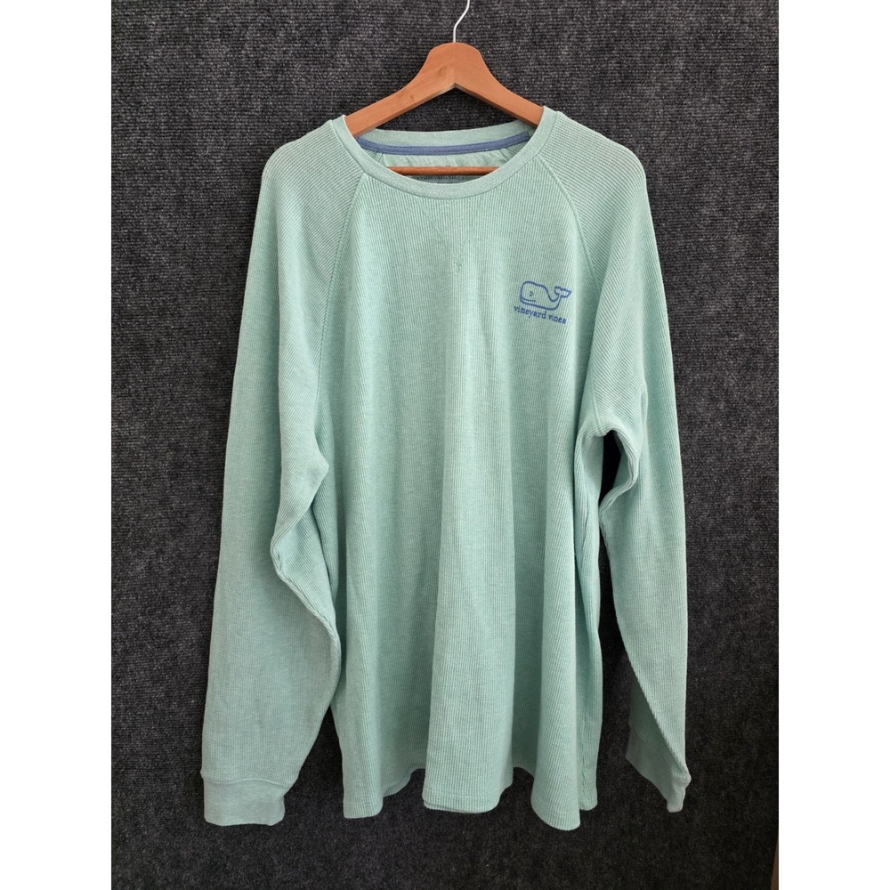 Vineyard Vines Mens XL Waffle Knit Thermal Shirt Aqua Blue Whale Graphic L/S
